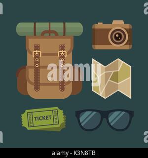 Traveling and camping item set flat illustration. Tourist backpack, camera, folded map, tickets and sunglasses Stock Vector