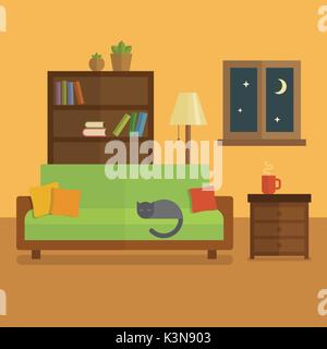 Cozy room interior flat illustration. Bookcase with books and plants, cat sleeping on a green sofa, cup of tea on the table Stock Vector
