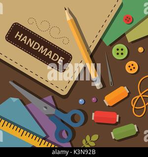 Handmade craft tools and materials flat illustration Stock Vector