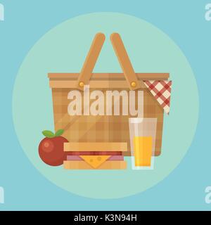 Picnic basket and food flat illustration. Apple, blanket, sandwich and a glass of juice Stock Vector