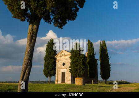 Surrounded by typical Tuscan cypress trees, the chapel of Our Lady of Vitaleta,tuscany,italy, and in the background the town of Pienza. Stock Photo