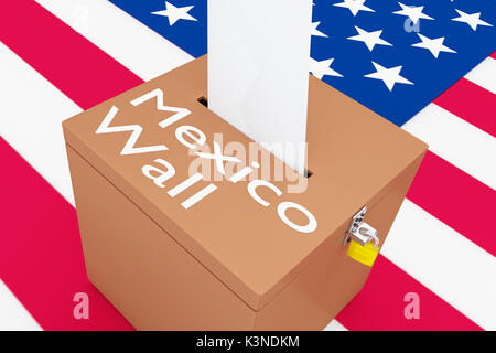 3D illustration of 'Mexico Wall' script on a ballot box, with US flag as a background. Stock Photo