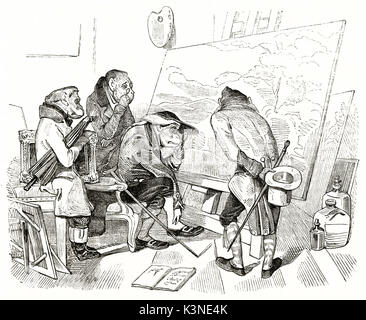 Ancient humorous illustration. Monkeys in human clothes analyzing a painting in the guise of art critics. After Decamps published on Magasin Pittoresque Paris 1839 Stock Photo