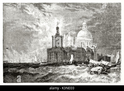 Rough sea during a storm in Venice and the Cathedral on background. Old view of Punta della Dogana Venice Italy. By unidentified author published on Magasin Pittoresque Paris 1839 Stock Photo