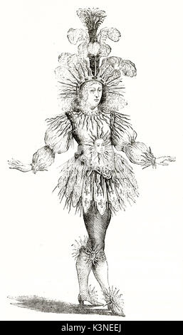 Old engraved full body portrait of King Louis XIV (1638 - 1715) wearing a luxury sun costume, isolated on white. After old engraving in Hennin collection published on Magasin Pittoresque Paris 1839 Stock Photo