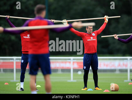 England goalkeeper Tom Heaton during a training session at Enfield Training Centre, London. Stock Photo