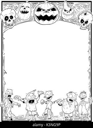 Hand drawing cartoon Halloween frame with cute zombie,skull and pumpkin illustrations. Stock Vector