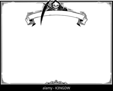Hand drawing cartoon Halloween frame with grim reaper in hood with scythe. Stock Vector