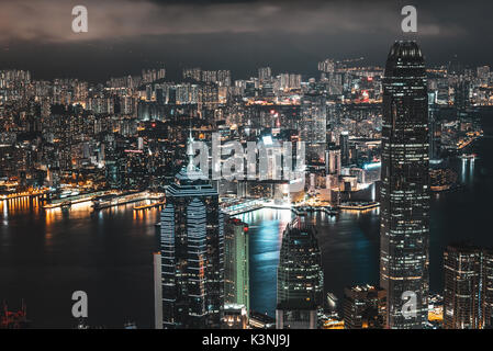 Panorama view of Hong Kong city skyline at night Stock Photo