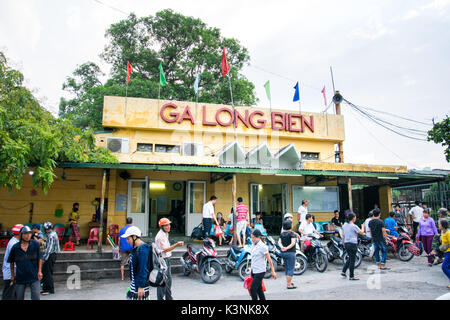 HANOI, VIETNAM - MAY 24, 2017: Long Bien Railway Station , a railway station in Hanoi, on the Long Bien Bridge. It the second station after Hanoi Rail Stock Photo