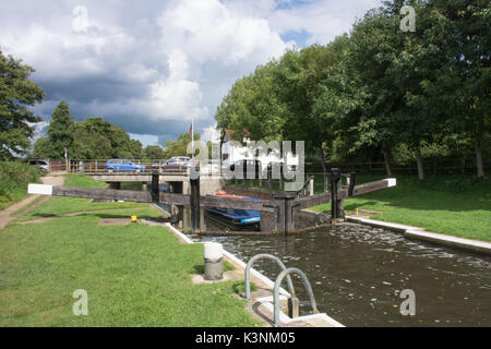 View of Catteshall Lock on the Wey Navigation near Godalming in Surrey, UK Stock Photo