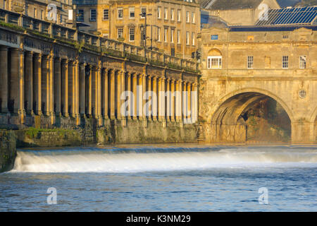 Bath UK, view of the the Robert Adam designed Pulteney Bridge and classical colonnade on the River Avon in the city of Bath, Somerset, UK. Stock Photo