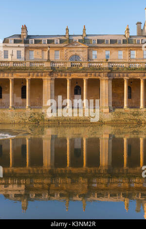Bath Georgian architecture, a rear view of the Guildhall Market in Bath, England, showing the neoclassical colonnade beneath the Grand parade, UK. Stock Photo