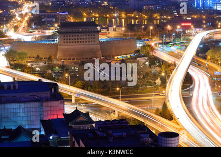 Deshengmen Arrow Tower scenery at night,it used to be one of the city gates of old Beijing. Stock Photo