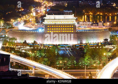 Deshengmen Arrow Tower scenery at night,it used to be one of the city gates of old Beijing. Stock Photo