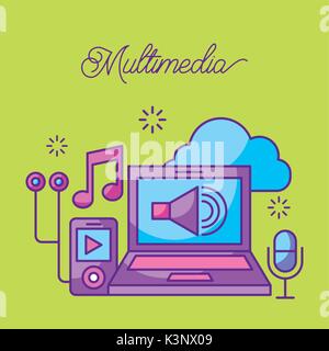 multimedia laptop mp3 microphone music sound volume cloud Stock Vector