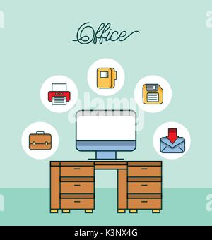 office workspace desk computer email printer diskette file Stock Vector