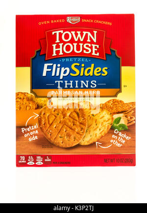 Winneconne, WI - 1 September 2017:  A box of Town House Flipsides thins crackers in parmesan herb flavor on an isolated background. Stock Photo