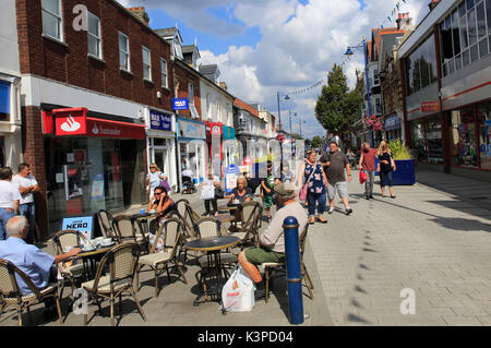 Shops and shoppers pedestrianised Hamilton Road, Felixstowe, Suffolk, England, UK Stock Photo