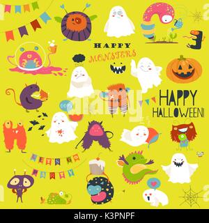 Funny cartoon ghosts and monsters halloween Stock Vector