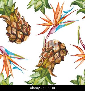 Seamless pattern with tropical flowers and Ananas. Element for design of invitations, movie posters, fabrics and other objects. Isolated on white. Vector EPS 10 Stock Vector