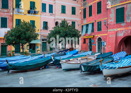 Vernazza, Liguria, Italy. Boats into the historic center. Stock Photo