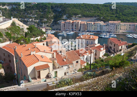 Typical architecture of houses and buildings of the old town framed by the harbor Bonifacio Corsica France Europe Stock Photo