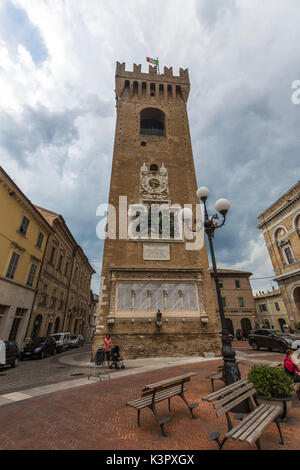 The medieval civic tower in the hometown of the poet Giacomo Leopardi Recanati Province of Macerata Marche Italy Europe Stock Photo