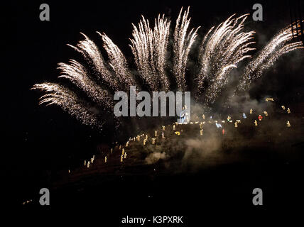 A show of fireworks lighting the nativity scene in Manarola, Cinque Terre National Parc, Liguria, Italy Europe Stock Photo