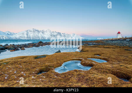 Grass covered with ice frames the lighthouse surrounded by frozen sea at dawn Djupvik Lyngen Alps Tromsø Norway Europe Stock Photo