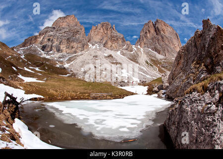 The Langkofel seen from the four-and-a-half-hour, moderately difficult hike around its main summit in the Gardena/GrÃ¶den Dolomites, South Tyrol, Trentino Alto Adige Italy Europe Stock Photo