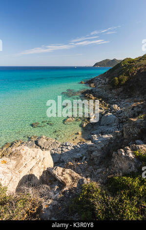 The mediterranean vegetation frames the turquoise sea of Cala Monte Turno Castiadas Cagliari Sardinia Italy Europe Stock Photo