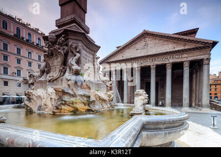 View of old Pantheon a circular building with a portico of granite Corinthian columns and its fountains Rome Lazio Italy Europe Stock Photo