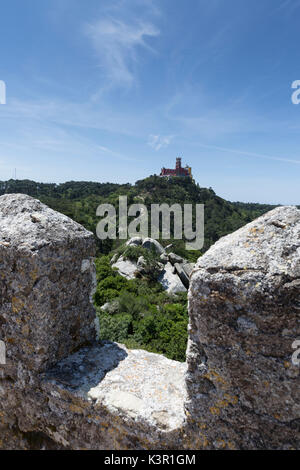 The fortified and medieval stone walls of the ancient Castelo dos Mouros Sintra municipality Lisbon district Portugal Europe Stock Photo