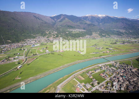 Aerial view of Sirta and Adda River Masino Valley Lower Valtellina Lombardy Italy Europe Stock Photo