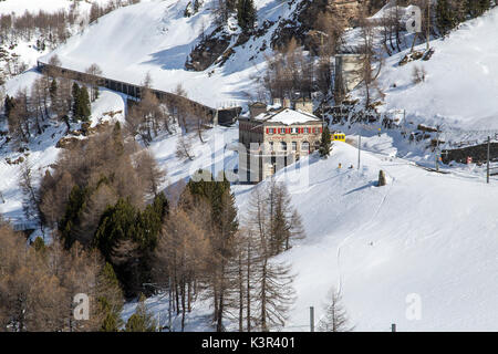 Aerial view of the Raethian Railway of Alp Grum. Bernina Pass, Poschiavo Valley, Canton of Grisons Switzerland Europe Stock Photo