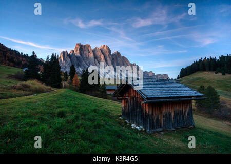 Odle group, sunrise at malga Gampen, Trentino Alto Adige, Italy Stock Photo