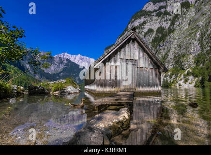 View of the Obersee Lake behind the Watzmann massif, Salet am Koenigssee, Berchtesgaden National Park, Bavaria, Upper Bavaria, Germany, Europe Stock Photo