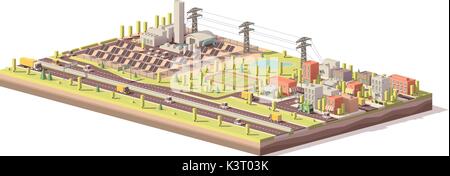 Vector low poly solar power plant and city Stock Vector