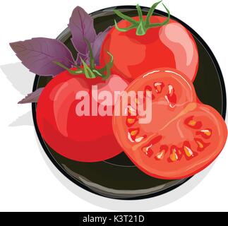 Tomatoes on black plate with basil. Isolated Stock Vector