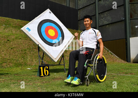 Tokyo, Japan. Credit: MATSUO. 3rd Sep, 2017. Tomohiro Ueyama Archery : 2017 Japan Para Archery Championships Men's Individual Recurve Open at Koganei park in Tokyo, Japan. Credit: MATSUO .K/AFLO SPORT/Alamy Live News Stock Photo