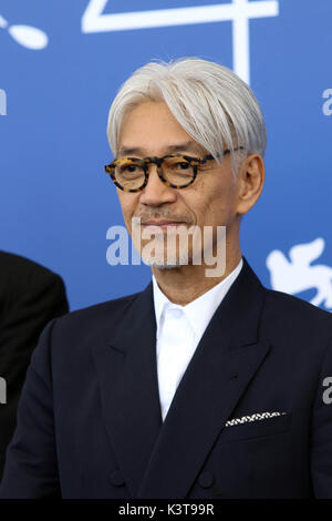 Venice, Italy. 3rd Sep, 2017. The musical composer Ryuichi Sakamoto at the photocall at 74th Venice International Film Festival Credit Credit: Ottavia Da Re/Sintesi/Alamy Live News Stock Photo