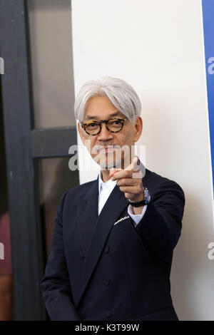 Venice, Italy. 3rd Sep, 2017. The musical composer Ryuichi Sakamoto at the photocall at 74th Venice International Film Festival Credit Credit: Ottavia Da Re/Sintesi/Alamy Live News Stock Photo