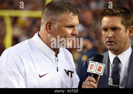 Landover, Maryland, USA. 3rd Sep, 2017. Virginia Tech Hokies head coach JUSTIN FUENTE is interviewed following the game played at FedEx Field in Landover, MD. Virginia Tech beat WVU 31-24. Credit: Ken Inness/ZUMA Wire/Alamy Live News Stock Photo