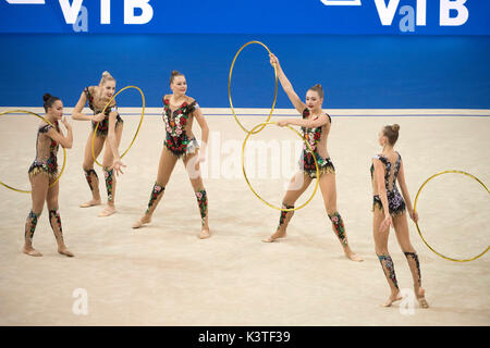 Pesaro, Italy. 3rd Sep, 2017. Russia team group (RUS) Rhythmic Gymnastics :  Russia team performs during the 35th Rhythmic Gymnastics World  Championships 2017 Group 5 Hoops Final at Adriatic Arena in Pesaro, Italy .  Credit: Enrico Calderoni/AFLO