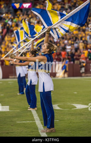 Landover, Maryland, USA. 3rd Sep, 2017. The West Virginia flag corps entertains the crowd before the game held at FEDEX Field in Landover, Maryland. Credit: Amy Sanderson/ZUMA Wire/Alamy Live News Stock Photo