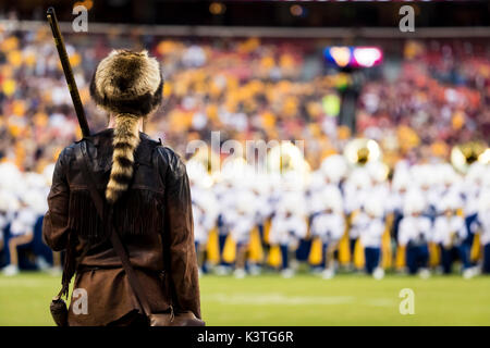 Landover, Maryland, USA. 03rd Sep, 2017. The West Virginia Mountaineer looks on as the band performs before the NCAA football game between the West Virginia Mountaineers and the Virginia Tech Hokies at FedExField in Landover, Maryland. Scott Taetsch/CSM/Alamy Live News Stock Photo