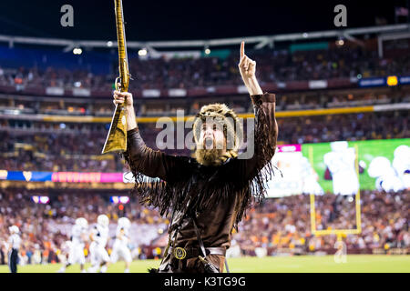 Landover, Maryland, USA. 03rd Sep, 2017. The West Virginia Mountaineer celebrates after a touchdown during the NCAA football game between the West Virginia Mountaineers and the Virginia Tech Hokies at FedExField in Landover, Maryland. Scott Taetsch/CSM/Alamy Live News Stock Photo