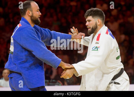 Budapest, Hungary. 02nd Sep, 2017. Latvian judoka Jevgenijs Borodavko (blue dress) and French judoka Cyrille Maret in action during the 2nd round of the category -100 kg men, within Suzuki World Judo Championships 2017 in Budapest, Hungary, on September 2, 2017. Credit: Vit Simanek/CTK Photo/Alamy Live News Stock Photo