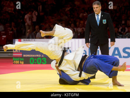 Budapest, Hungary. 02nd Sep, 2017. Latvian judoka Jevgenijs Borodavko (blue dress) and French judoka Cyrille Maret in action during the 2nd round of the category -100 kg men, within Suzuki World Judo Championships 2017 in Budapest, Hungary, on September 2, 2017. Credit: Vit Simanek/CTK Photo/Alamy Live News Stock Photo